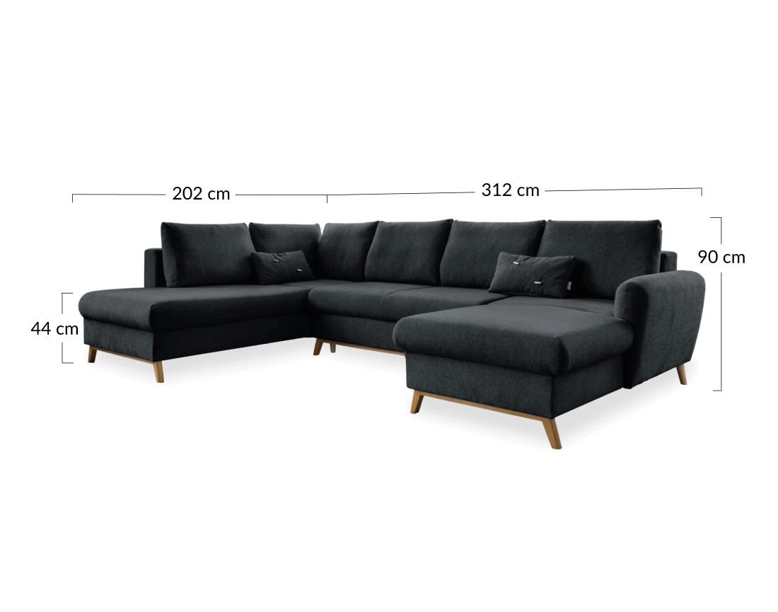 Lagom - canapé d'angle panoramique gauche convertible 7 places avec coffre en tissu - style scandinave