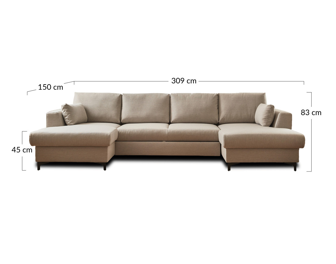 Canapé panoramique en U 7 places convertible avec coffre en tissu Tala