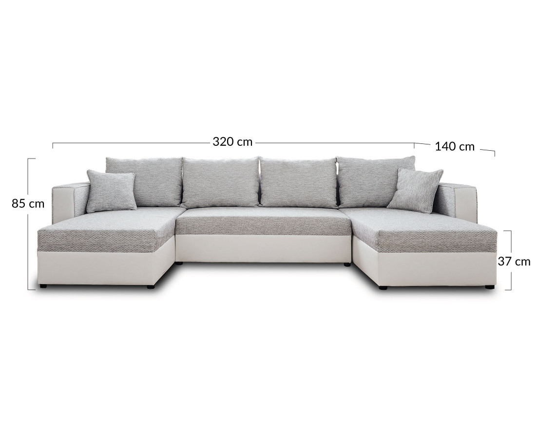 Canapé panoramique en U 7 places convertible avec coffre en tissu et simili Opale