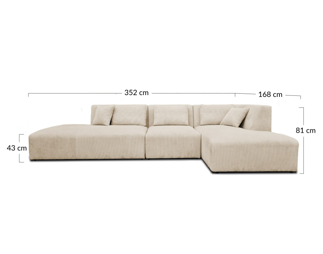 Canapé modulable d'angle droit 5 places en velours côtelé Victoire