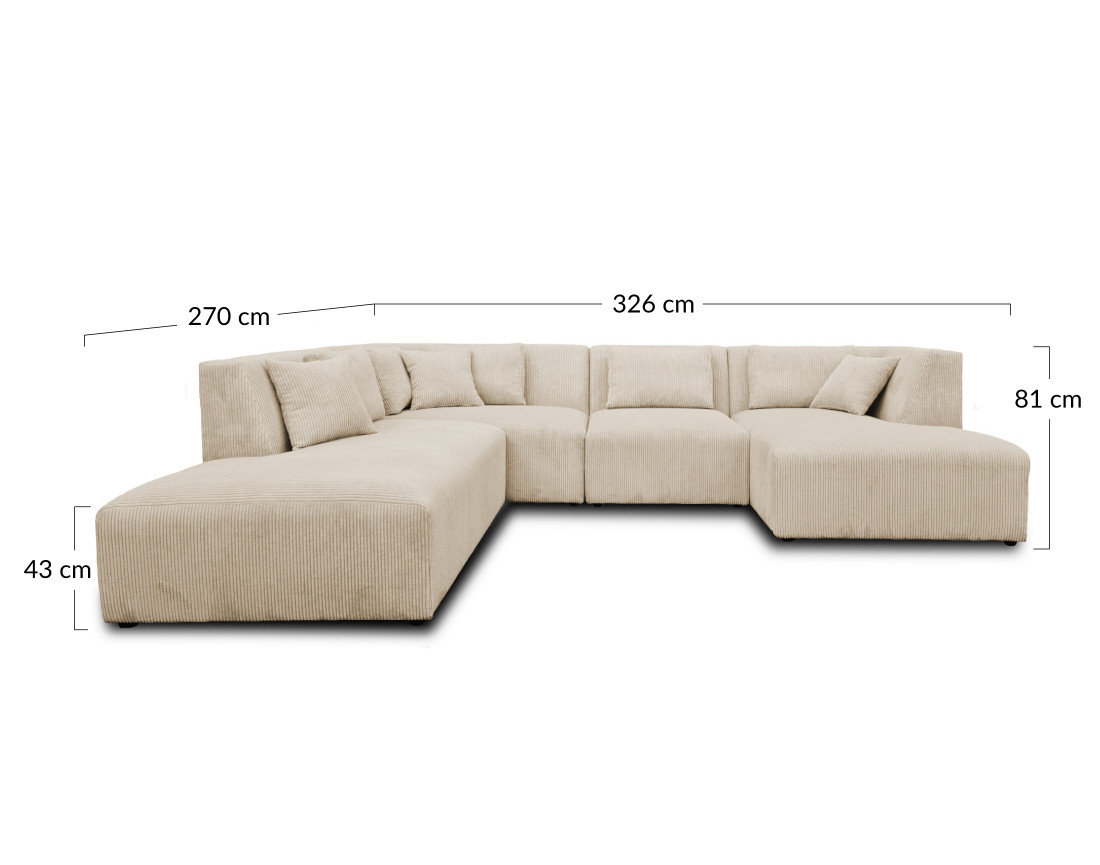 Canapé modulable panoramique d'angle gauche 7 places en velours côtelé Victoire