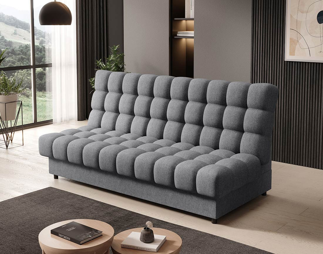 Canapé convertible clic-clac 3 places avec coffre en tissu texturé Ezra