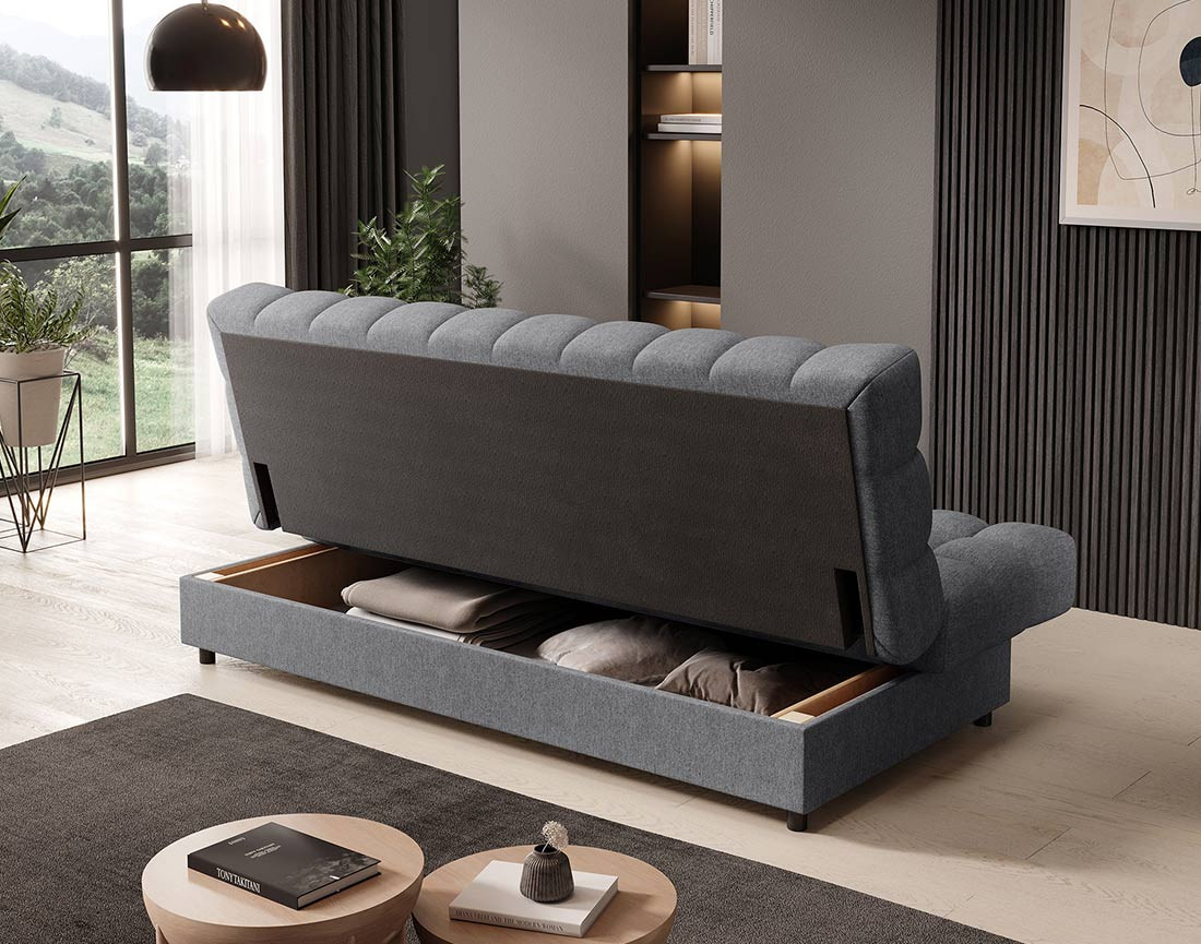 Canapé convertible clic-clac 3 places avec coffre en tissu texturé Ezra