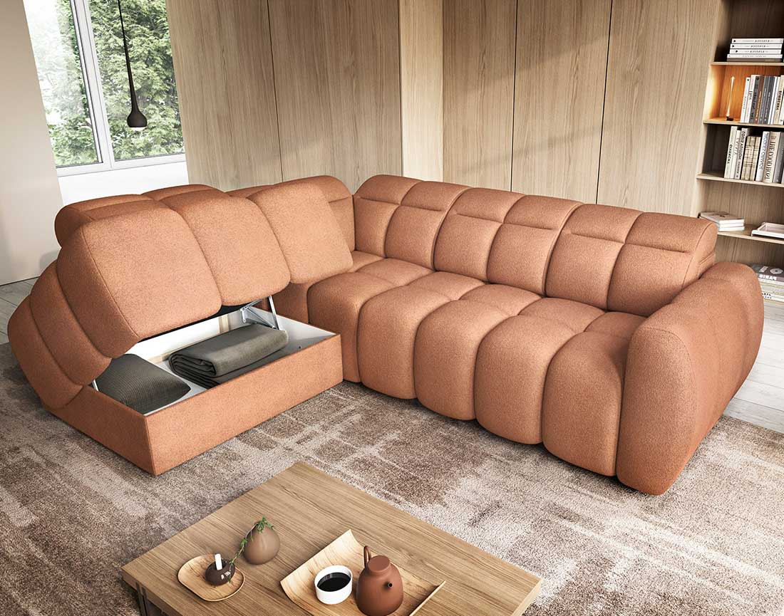 Canapé d'angle gauche 4 places assise extensible électrique avec coffre en tissu texturé Basile