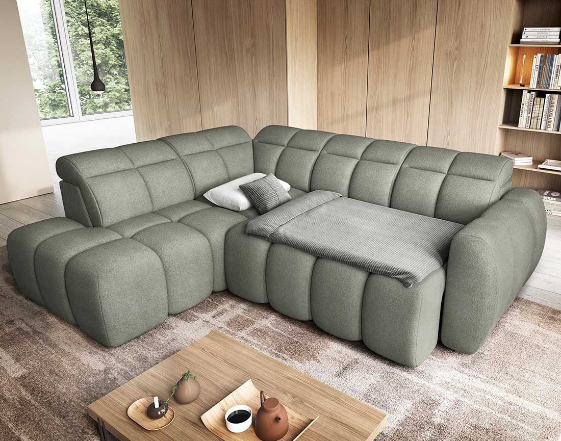 Canapé d'angle gauche 4 places assise extensible électrique avec coffre en tissu texturé Basile