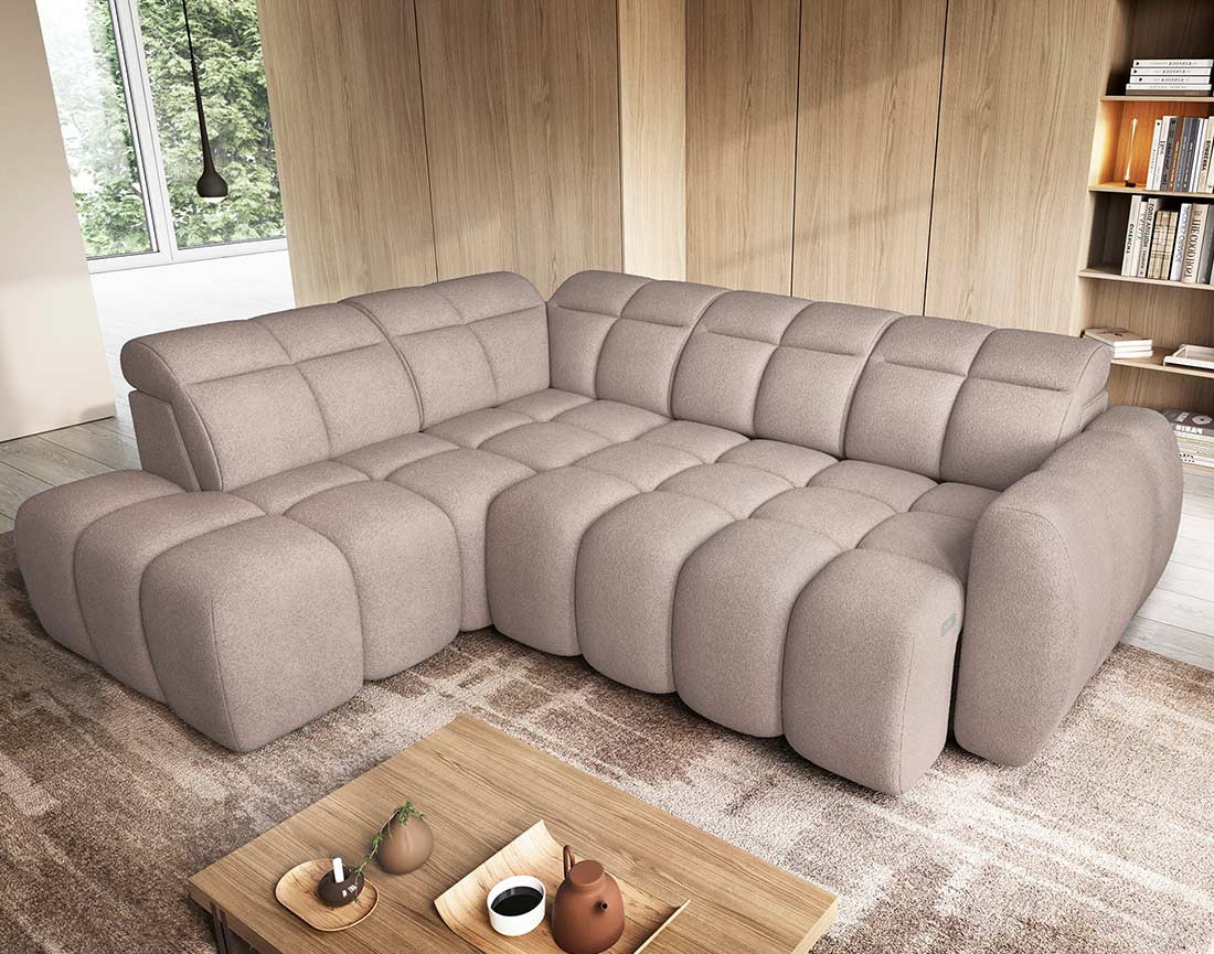 Canapé d'angle gauche 4 places assise extensible électrique avec coffre en tissu texturé Basile