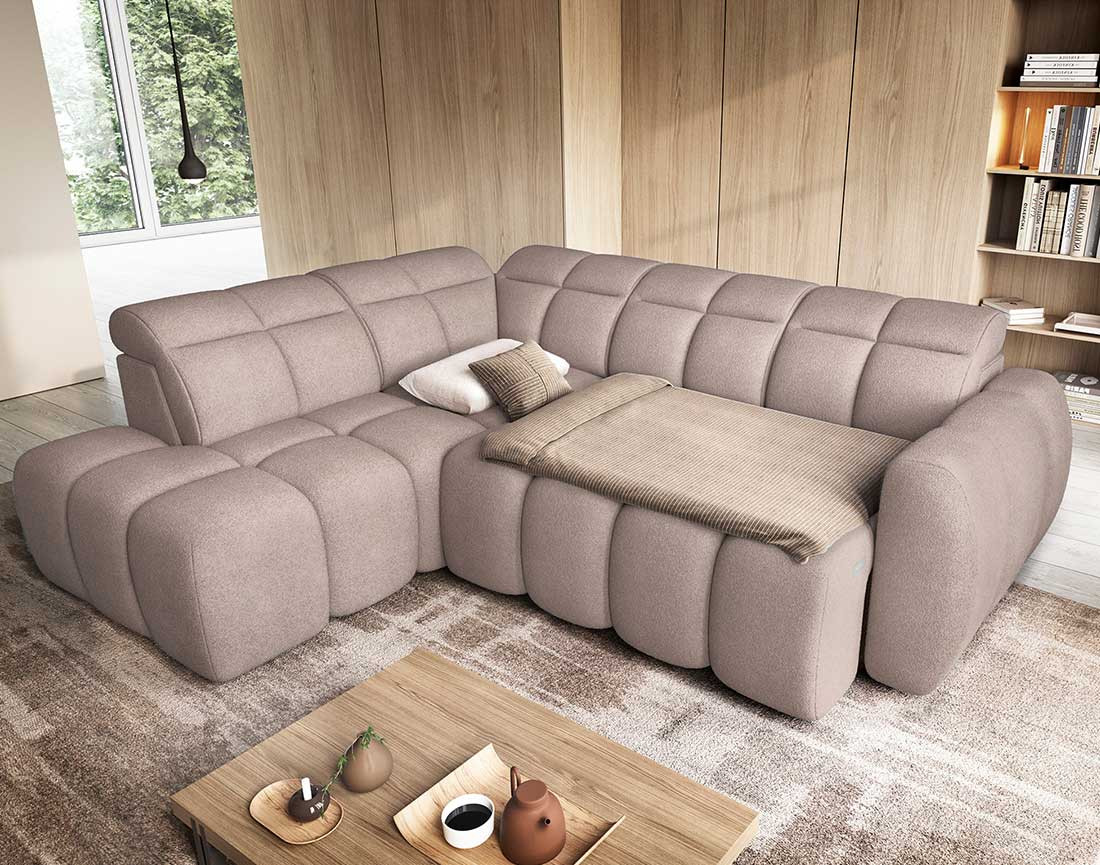 Canapé d'angle gauche 4 places assise extensible électrique avec coffre en tissu texturé Basile