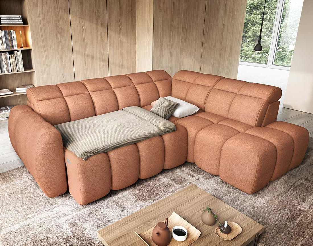 Canapé d'angle droit 4 places assise extensible électrique avec coffre en tissu texturé Basile