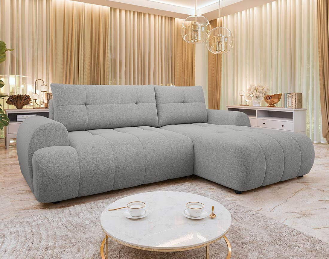 Canapé d'angle droit 4 places convertible avec coffre en tissu texturé Luzzio
