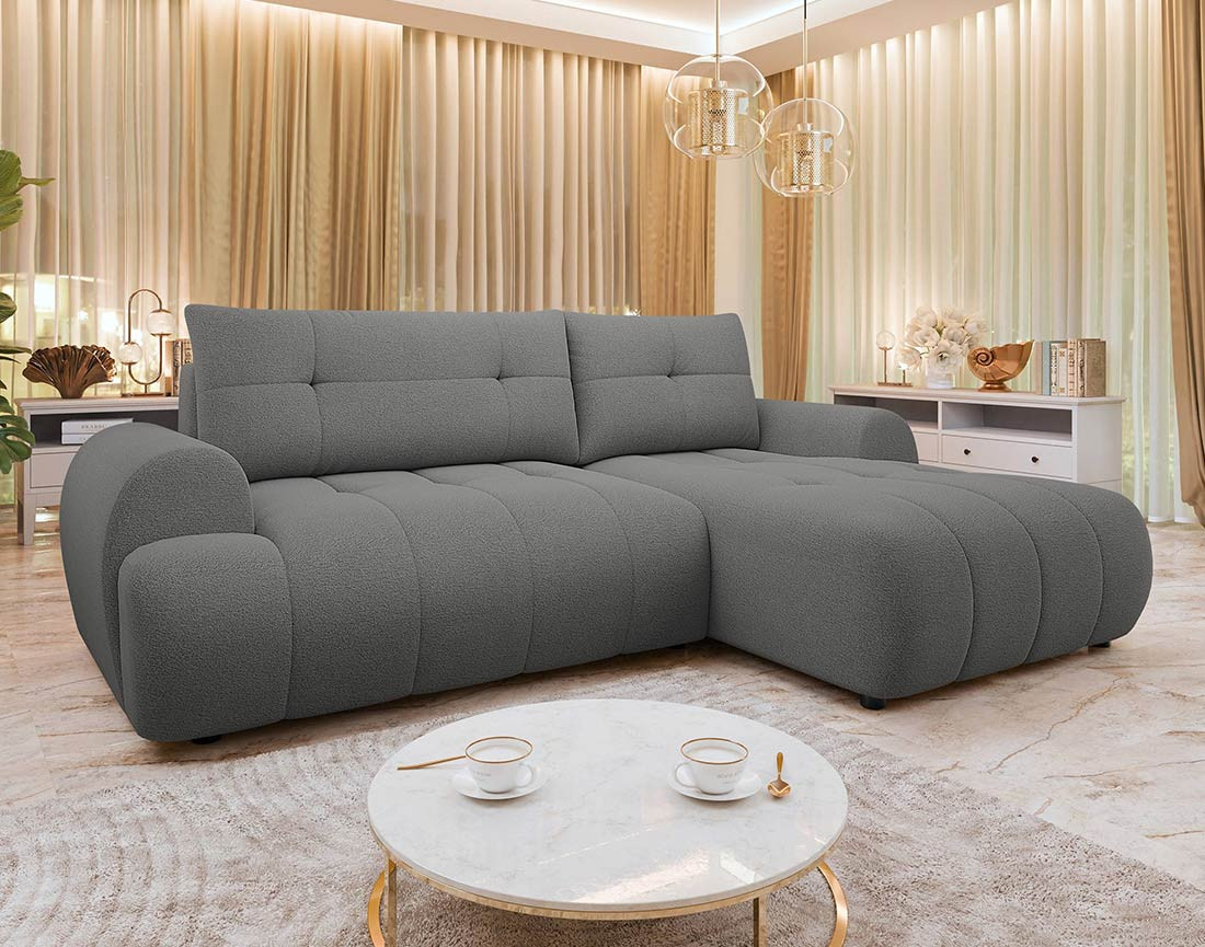 Canapé d'angle droit 4 places convertible avec coffre en tissu texturé Luzzio