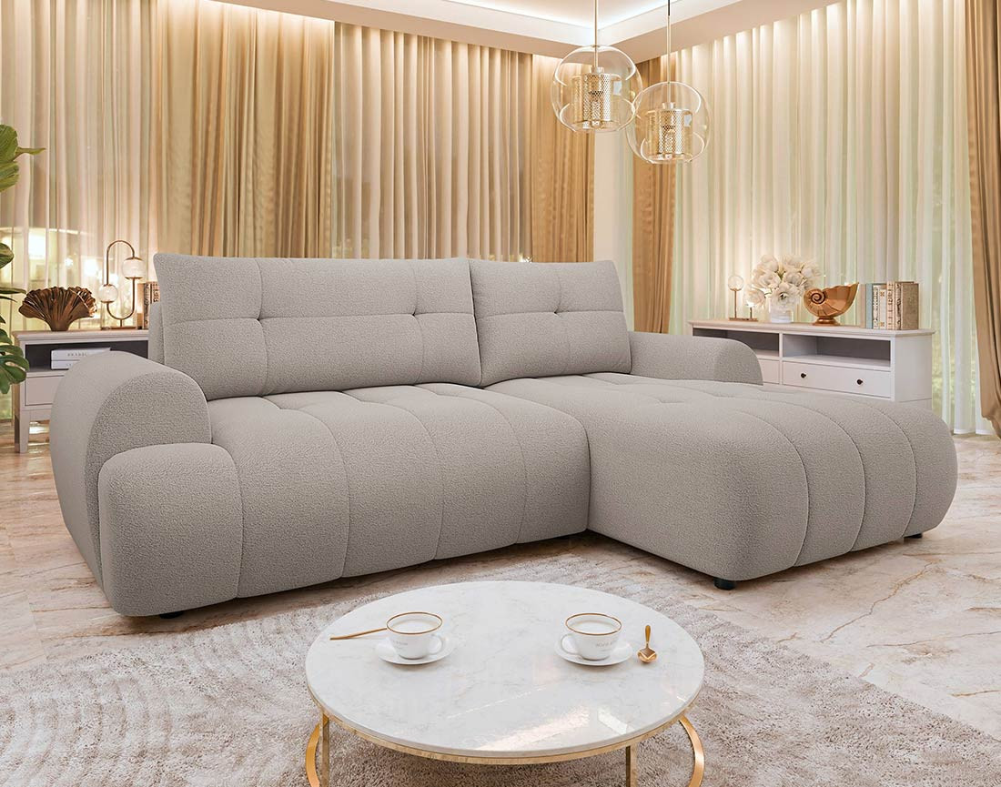 Canapé d'angle droit 4 places convertible avec coffre en tissu texturé Luzzio