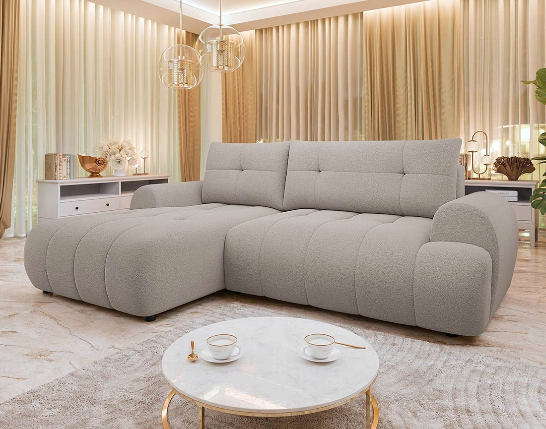 Canapé d'angle gauche 4 places convertible avec coffre en tissu texturé Luzzio