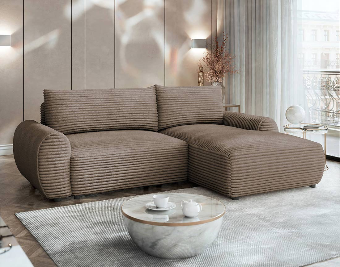 Canapé d'angle droit 4 places convertible avec coffre en velours côtelé grosses côtes Silvano