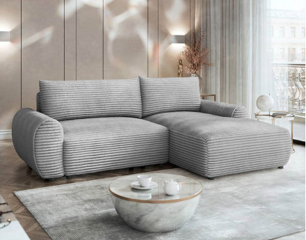 Canapé d'angle droit 4 places convertible avec coffre en velours côtelé grosses côtes Silvano