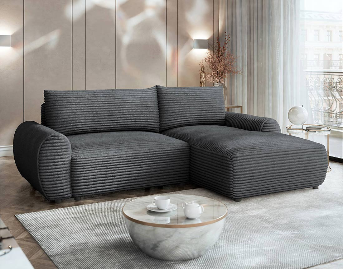 Canapé d'angle droit 4 places convertible avec coffre en velours côtelé grosses côtes Silvano