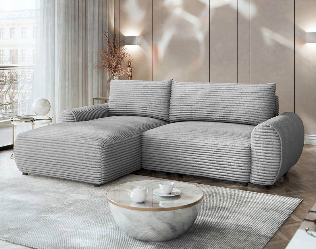 Canapé d'angle gauche 4 places convertible avec coffre en velours côtelé grosses côtes Silvano