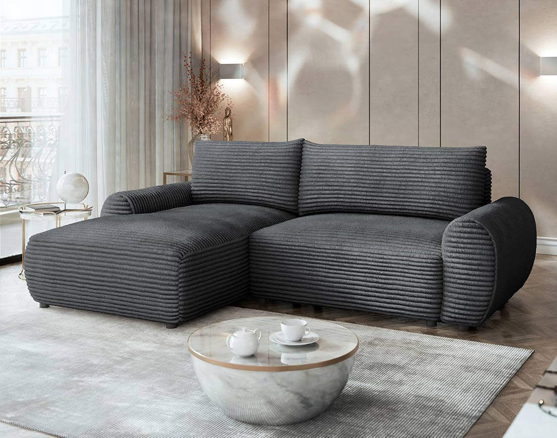 Canapé d'angle gauche 4 places convertible avec coffre en velours côtelé grosses côtes Silvano