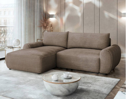 Canapé d'angle gauche 4 places convertible avec coffre en velours côtelé grosses côtes Silvano