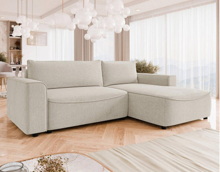 Canapé d'angle droit 4 places convertible avec coffre en tissu texturé Aurelia