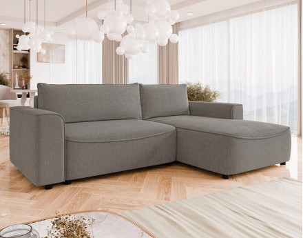 Canapé d'angle droit 4 places convertible avec coffre en tissu texturé Aurelia