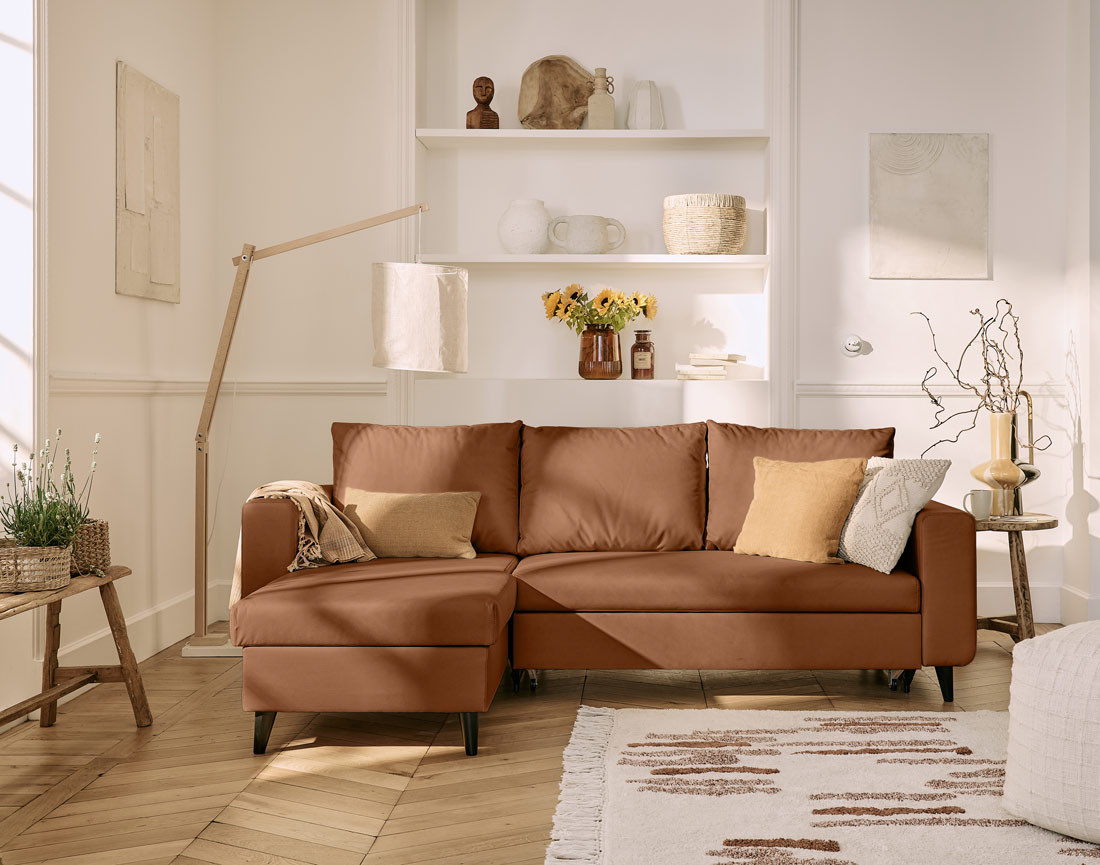 Canapé d'angle réversible 4 places convertible avec coffre en simili Nordic