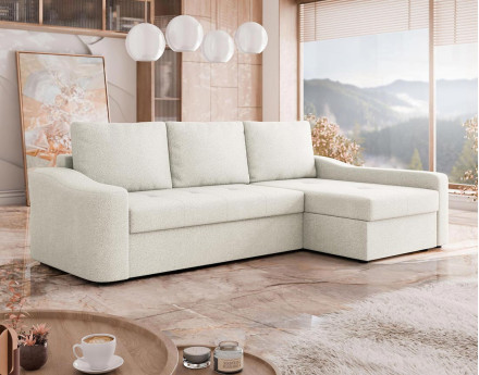 Canapé d'angle droit 4 places convertible avec coffre en tissu texturé Claudia