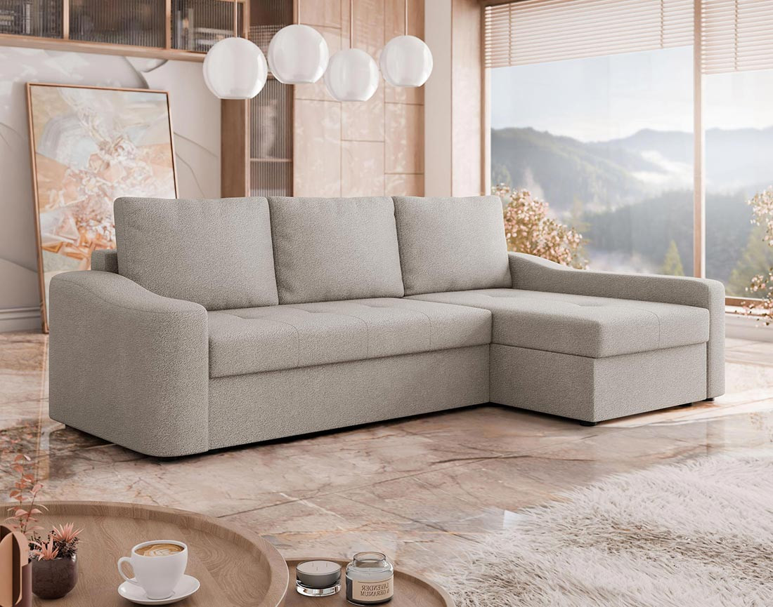 Canapé d'angle droit 4 places convertible avec coffre en tissu texturé Claudia