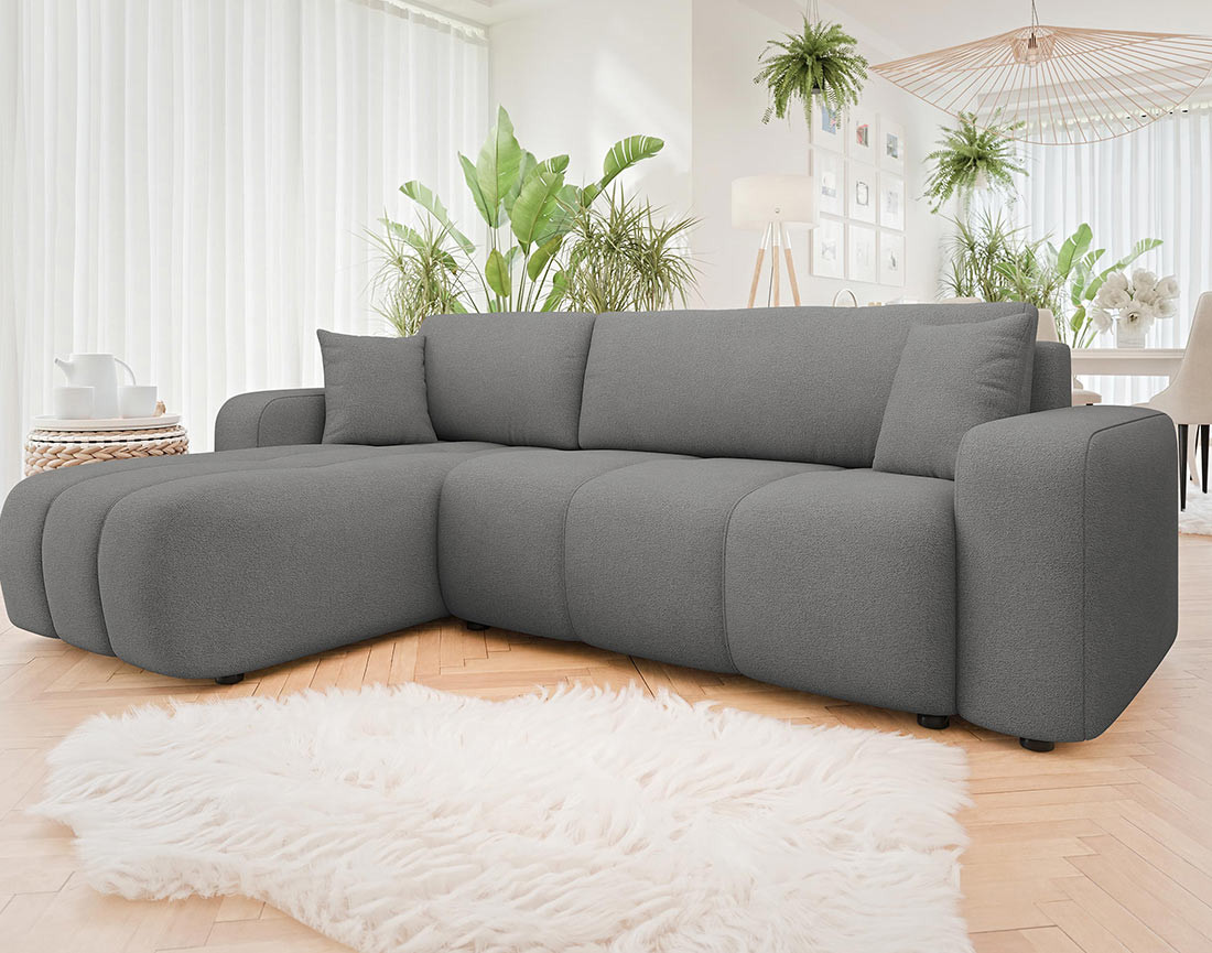 Canapé d'angle réversible 4 places convertible avec coffre en tissu Nicole