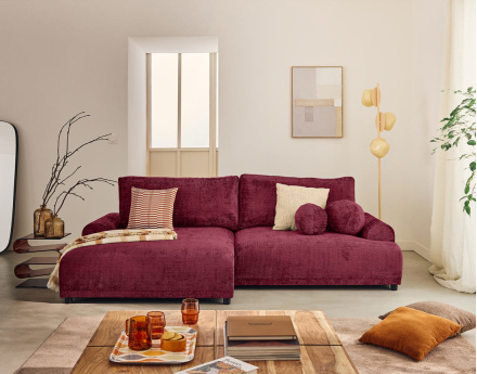 Canapé d'angle gauche 4 places convertible avec coffre en velours texturé Nelly