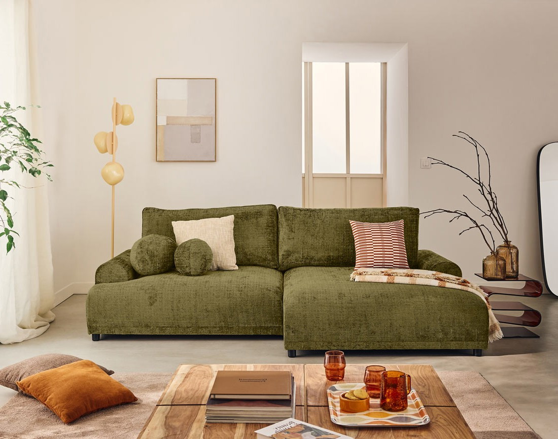 Canapé d'angle droit 4 places convertible avec coffre en velours texturé Nelly