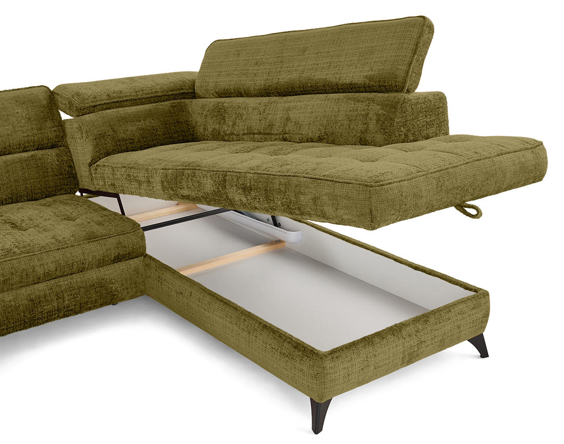 Canapé d'angle droit convertible avec coffre en velours texturé Marlo