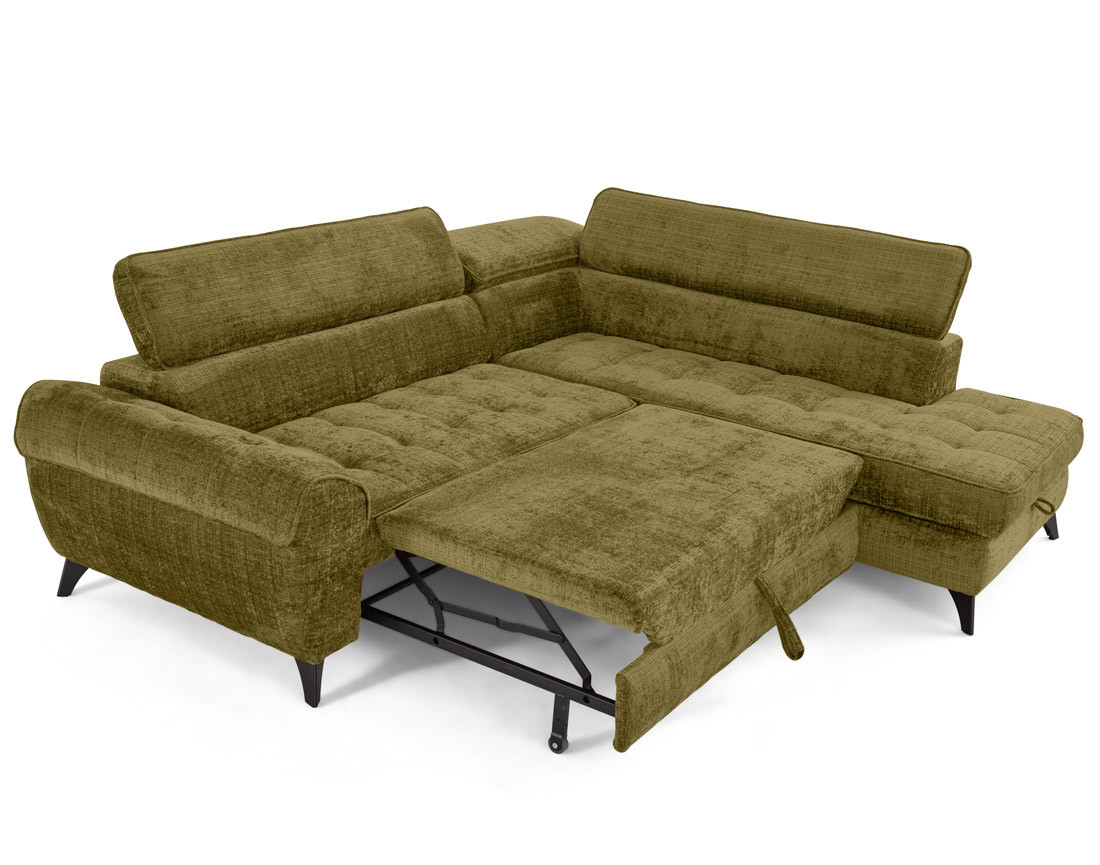 Canapé d'angle droit convertible avec coffre en velours texturé Marlo