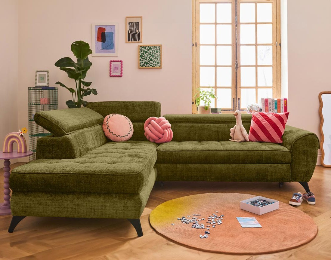 Canapé d'angle gauche convertible avec coffre en velours texturé Marlo