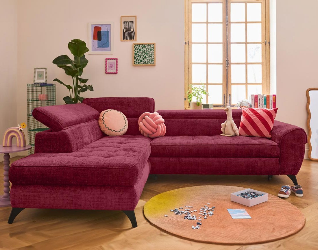 Canapé d'angle gauche convertible avec coffre en velours texturé Marlo