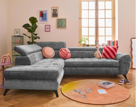 Canapé d'angle gauche convertible avec coffre en velours texturé Marlo