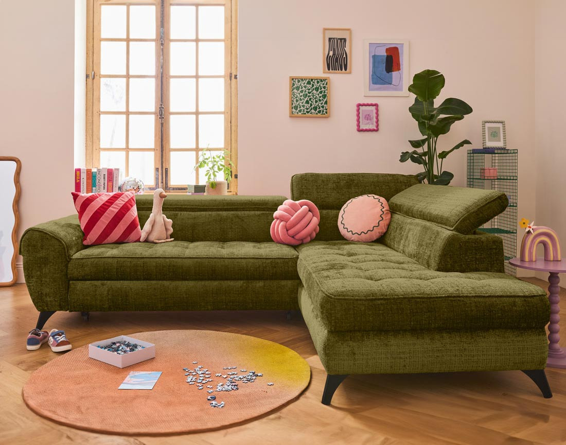 Canapé d'angle droit convertible avec coffre en velours texturé Marlo