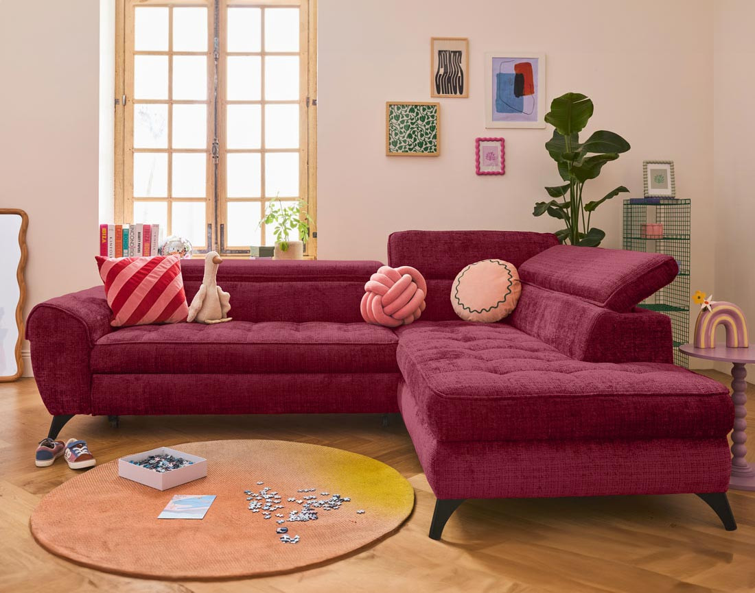 Canapé d'angle droit convertible avec coffre en velours texturé Marlo