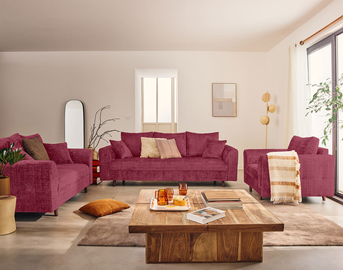 Canapé droit 3 places en velours texturé Rune