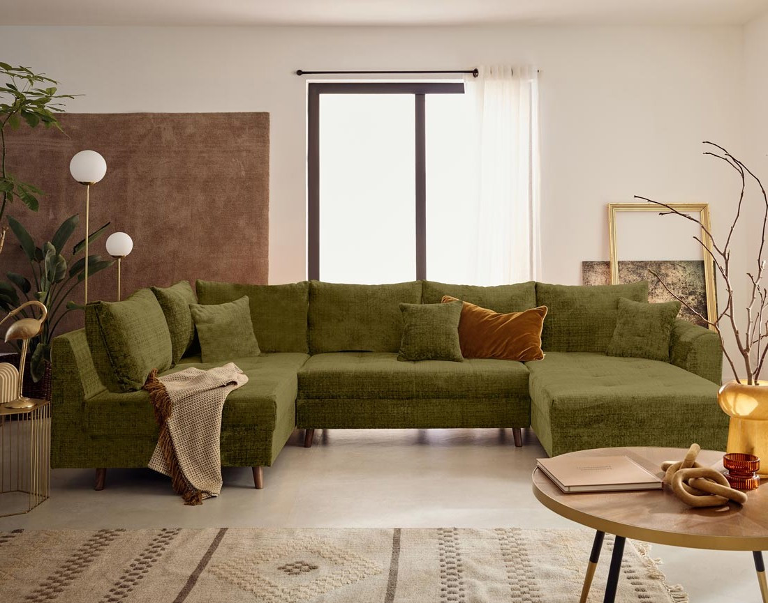 Canapé panoramique d'angle gauche 7 places en velours texturé Rune