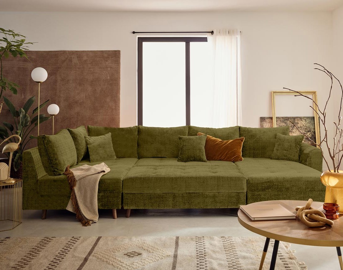 Canapé panoramique d'angle gauche 7 places en velours texturé Rune