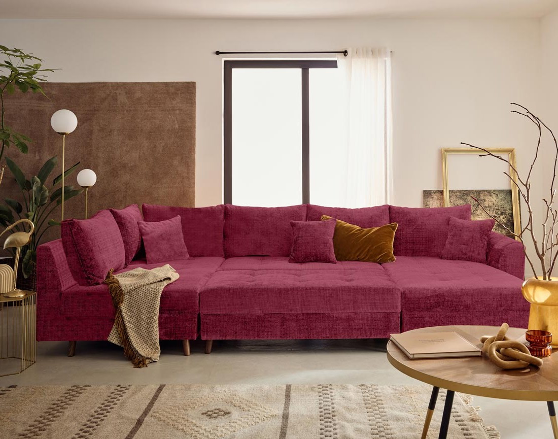 Canapé panoramique d'angle gauche 7 places en velours texturé Rune