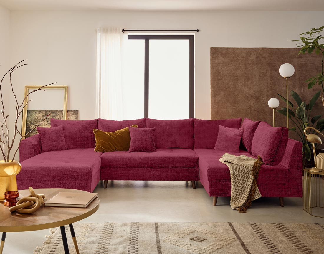 Canapé panoramique d'angle droit 7 places en velours texturé Rune