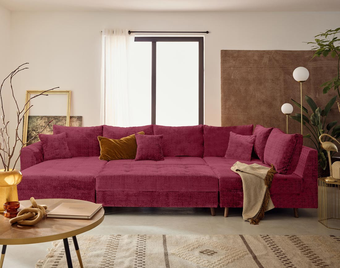 Canapé panoramique d'angle droit 7 places en velours texturé Rune