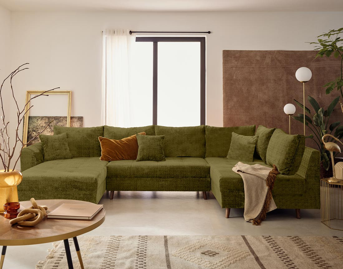 Canapé panoramique d'angle droit 7 places en velours texturé Rune