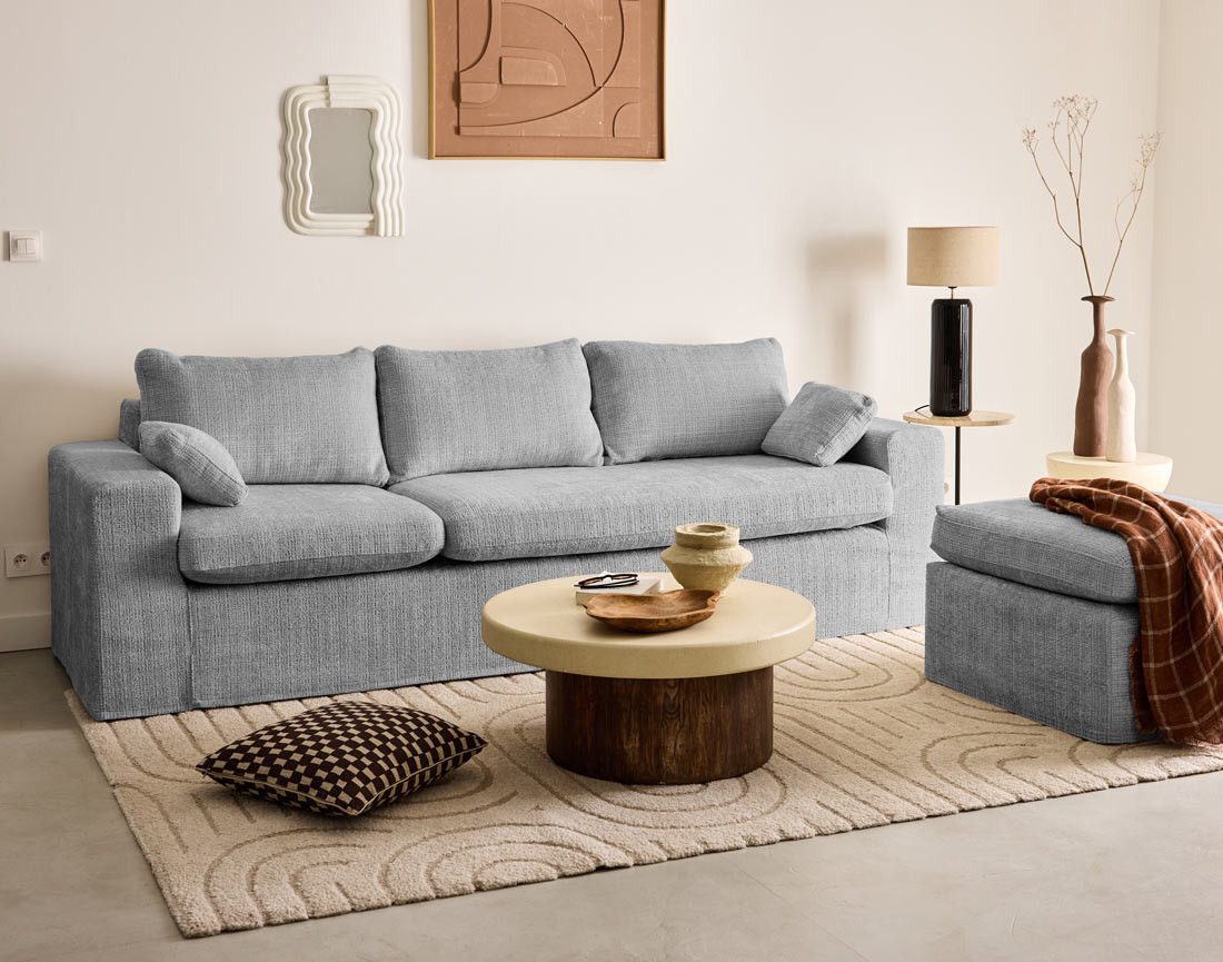 Housses en velours texturé pour canapé d'angle 3 places et 1 pouf Calgary