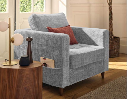 Fauteuil avec poche en velours texturé pieds en bois Anna