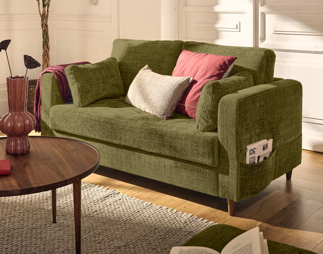 Canapé droit 2 places avec poche en velours texturé Anna