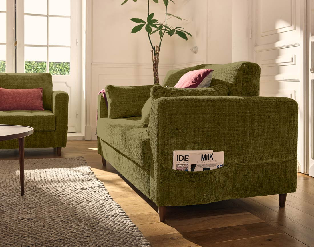 Canapé droit 2 places avec poche en velours texturé Anna