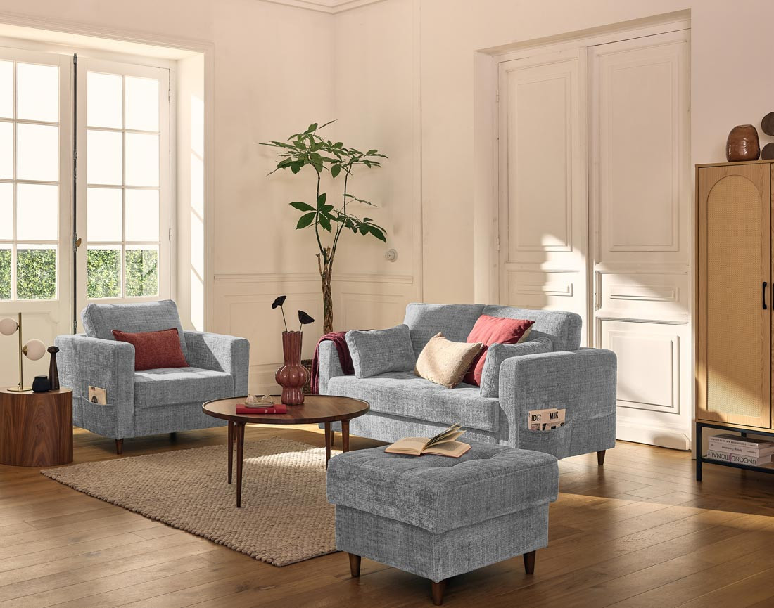 Canapé droit 2 places avec poche en velours texturé Anna