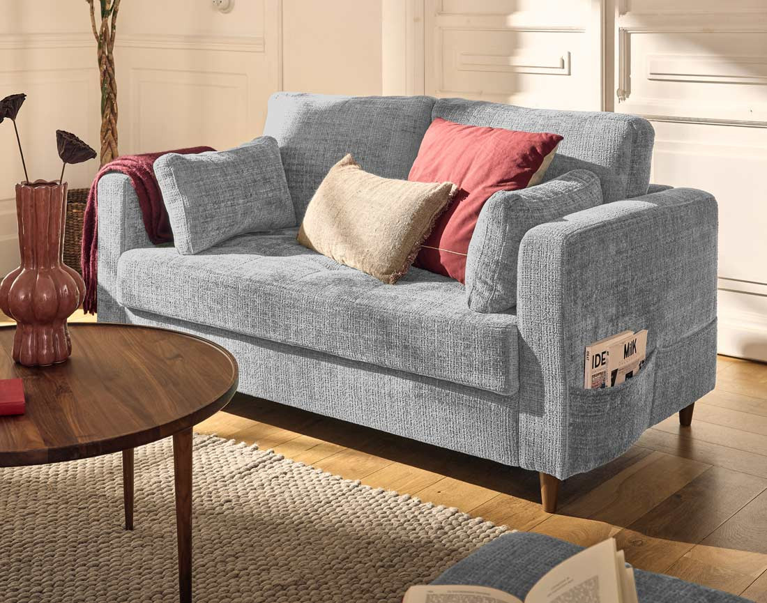 Canapé droit 2 places avec poche en velours texturé Anna